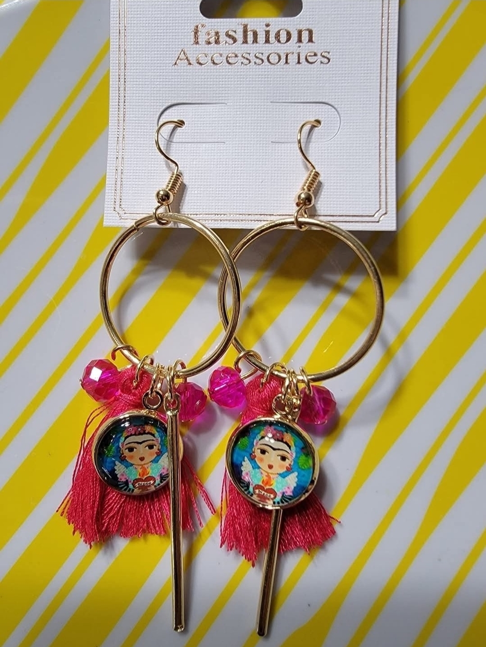 Fashion Accessories Gold Hoop Earrings with Pink Tassels and Frida Charm